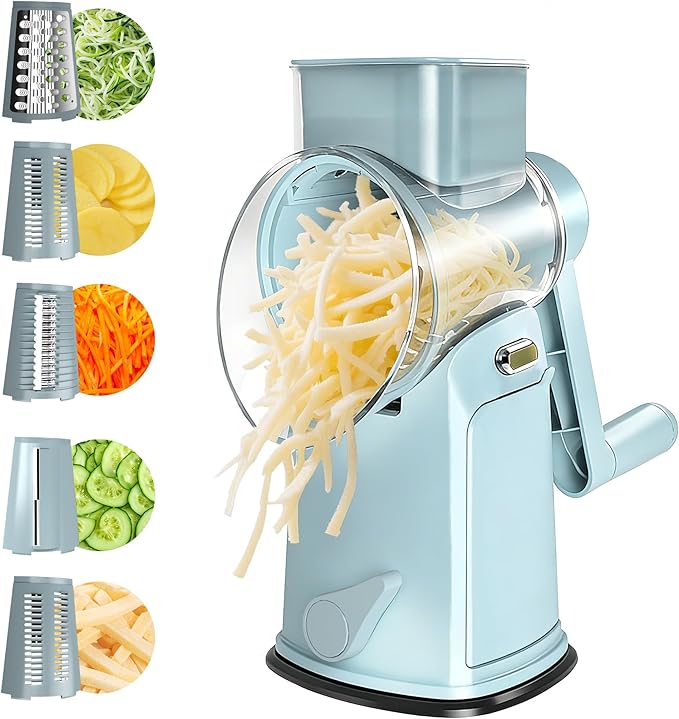 Rotary Cheese Grater with Handle - Compact Multi-Function Vegetable Shredder with 5 Sharp Blades & Strong Suction Base, Easy to Use Round Mandoline Slicer for Kitchen, Cooking, Camping & Travel