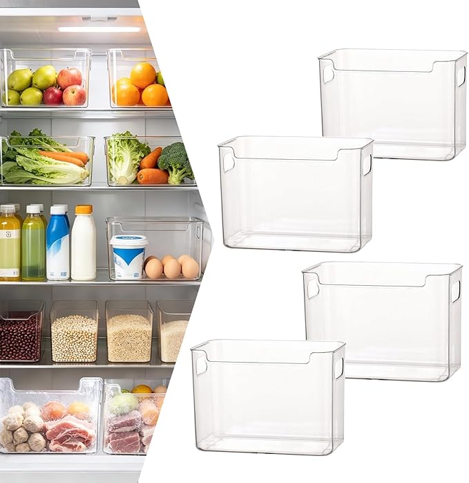2026 New Crystal Clear Freezer Storage Bins, Clear Plastic Bins for Refrigerator & Pantry, Refrigerator Organizers, Stackable Kitchen Cabinet Organizers with Handles (Transparent white, 4L)