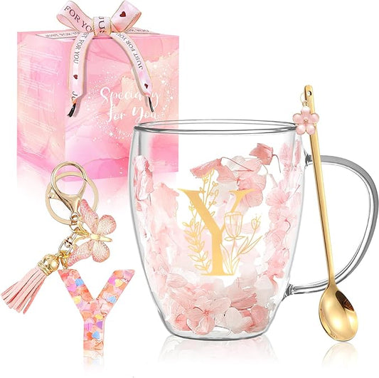 Personalized Gifts for Women Flower Glass Coffee Mug Initial Tea Cup Monogrammed Customized Bridesmaid Bride Wedding Gifts Graduation Valentine Birthday Christmas Gift for Mom Wife Friend Coworker (Y)
