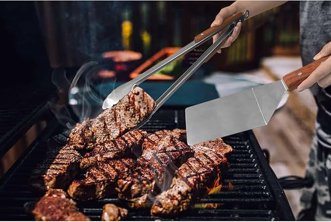 Tongs and Spatula Set of 3, Heavy Duty Stainless Steel Kitchen Tongs 12"/16" & Metal Spatula 4 x 5.5 with Wood Handle for BBQ Grill Flat Top Griddle, Professional Grill Accessories Gift