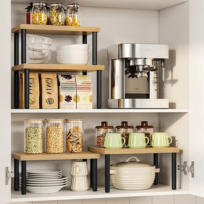 HOOBRO Cabinet Organizer Shelf, kitchen countertop organizer, Kitchen Storage, Spice Rack for cabinet, Stackable, Expandable, for Countertop,kitchen,cabinet, Black and Natural BN15TL01