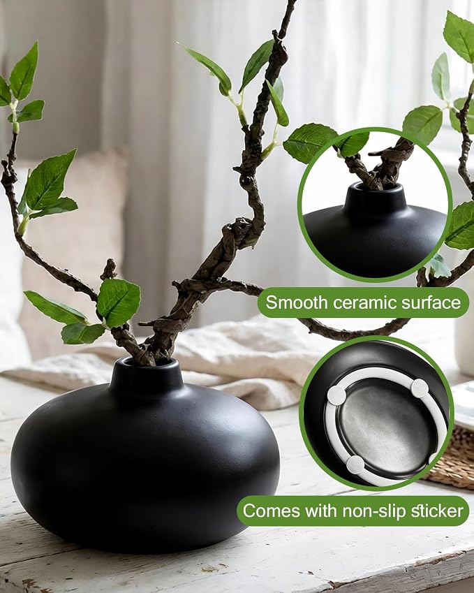 Vase with Greenery, 1 pc Artificial Stem with Black Vase, 20" Decorative Fake Plants Indoor, Small Plant for Bathroom Living Room Office Coffee Table Mantel Bookshelf Centerpiece Decor-Black