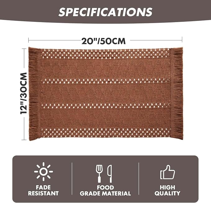 ZeeMart Macrame Style Boho Placemats Set of 6, Terracotta 12x20 Inch | Decorative Farmhouse Table Mats, Natural Cotton Woven Place Mats, Bohemian Home Decor for Kitchen Dining Table