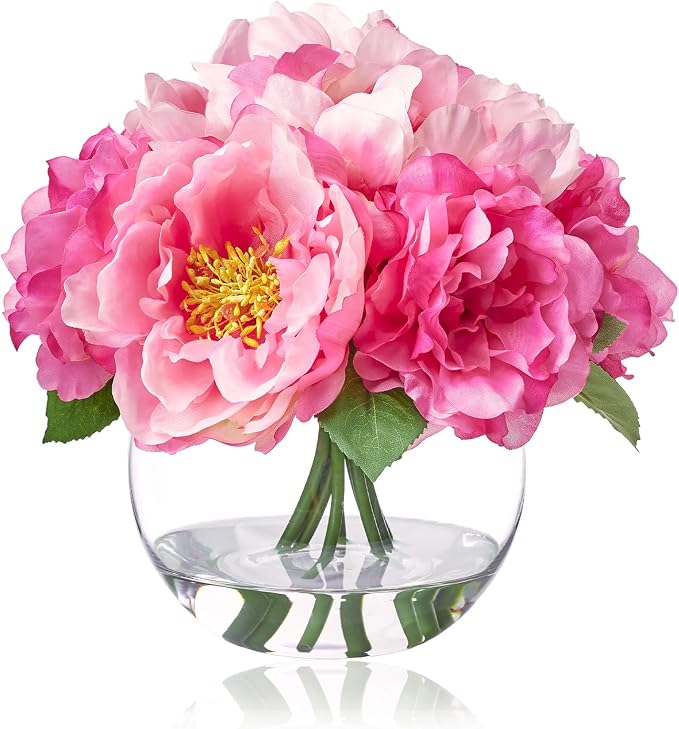 WELL KNOWN Artificial Flowers in Vase, Silk Peonies Bouquet with Faux Water, Fake Peony Pink Flower Arrangement for Home Wedding Birthday Party Dining Table Centerpiece Spring Decor & Mom's Gift