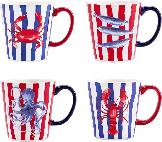 Bico Ocean Wonders Scalloped Ceramic Mug Set of 4, Christmas Coffee Mugs, 15oz Holiday Cups for Tea, Cocoa, or Hot Drinks, Microwave & Dishwasher Safe