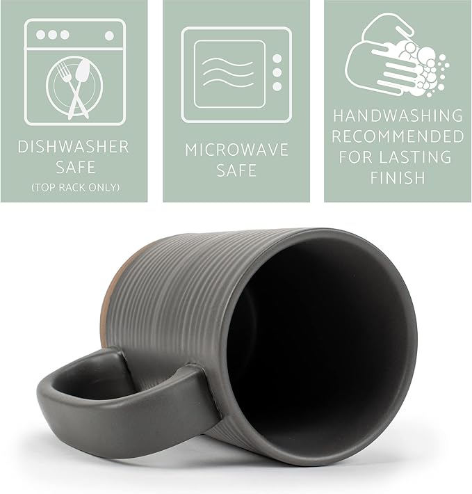 Elanze Designs Tall Ribbed Raw Clay Bottom Grey 16 ounce Ceramic Coffee Mugs Set of 4