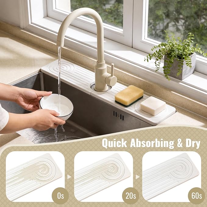 Hopegiver Stone Faucet Mat for Kitchen Sink - Fast Drying Diatomite Sink Protector Prevent Moisture, Super Water Absorbing Stone Tray for Kitchen & Bathroom Counter (White, 19.7"x3.9")