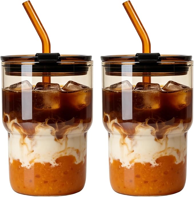 Luxfuel 16 oz Glass Tumbler with Lid & Straw, Reusable Iced Coffee Cup & Smoothie Cup, Leak-Proof Borosilicate Glass for Coffee, Iced Tea, Water – 2 Pack, Ideal for Office, Home & Travel, Amber