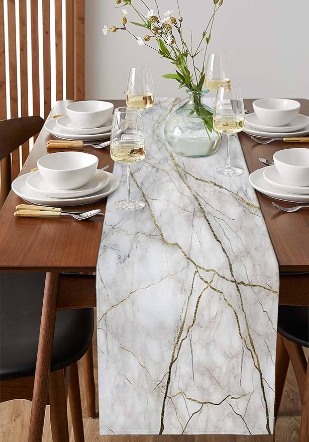 Marble Table Runner-Cotton Linen-Long 108 inche White Gray Gold Dresser Scarves,Texture Tablerunner for Kitchen Coffee/Dining/Sofa/End Table Bedroom Home Living Room,Scarf Decor for Holiday Dinner