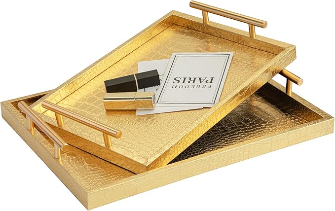 Modern Elegant Large Wood Serving Tray, Set of 2 Gold Crocodile Leather with Gold Polished Metal Handles, Home Decorative Rectangle Ottoman Decor Platter Living Room Bathroom Vanity Tray