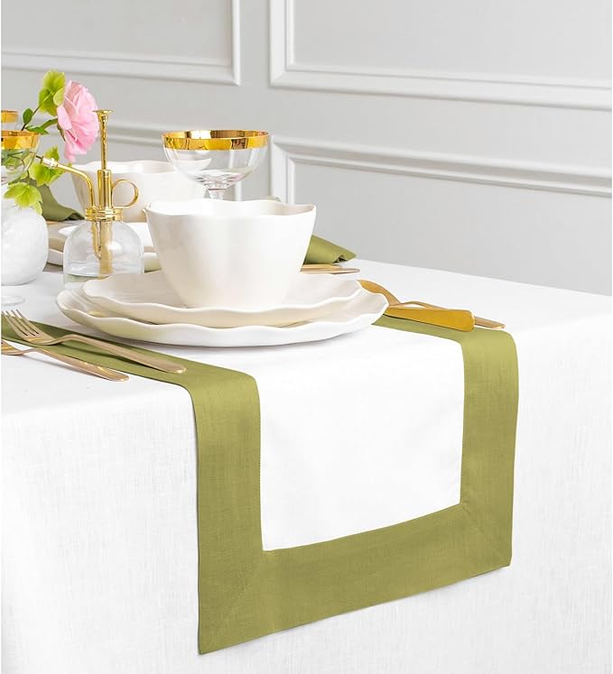 Solino Home 100% Pure Linen Table Runner 14x108 Inch – Avocado & White, Oeko-TEX Certified, Spring & Summer Table Runner for Dining Table, Handcrafted Farmhouse Décor - Contempo