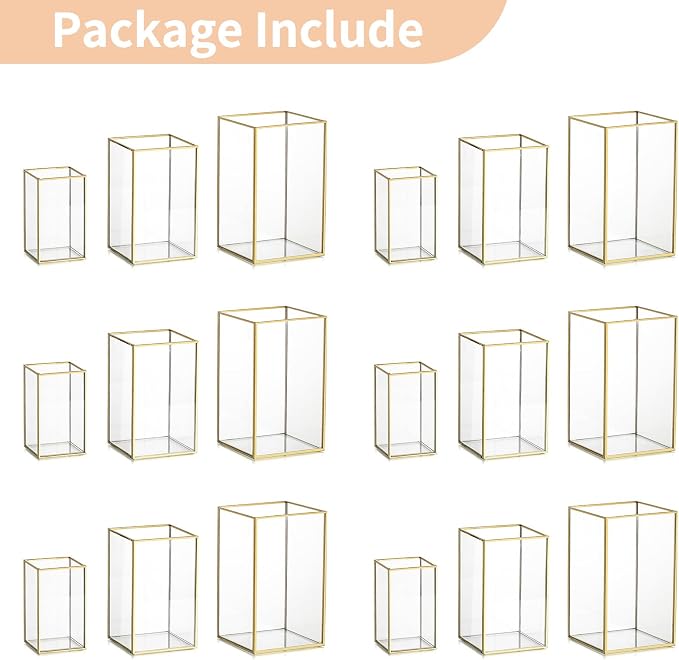 NUPTIO Candle Lantern for Wedding Centerpiece: 18 Pcs Clear Hurricane Glass Pillar Candles Holder with Gold Frame Bulk Decorative Candle Lanterns for Christmas Dining Table Decor 8.1 & 6.5 & 4.7 inch