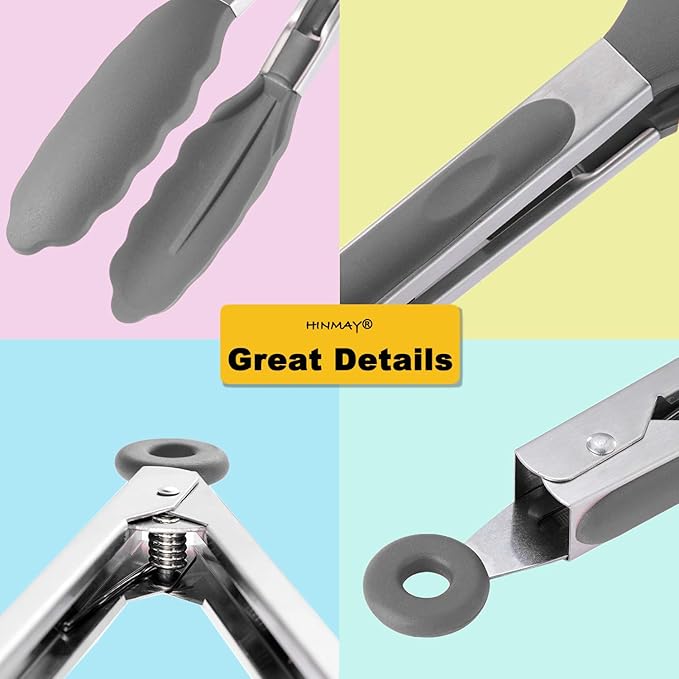 HINMAY Locking Kitchen Tongs with Silicon Tips 9-Inch Stainless Steel Grilling Tongs, Set of 3 (Gray)