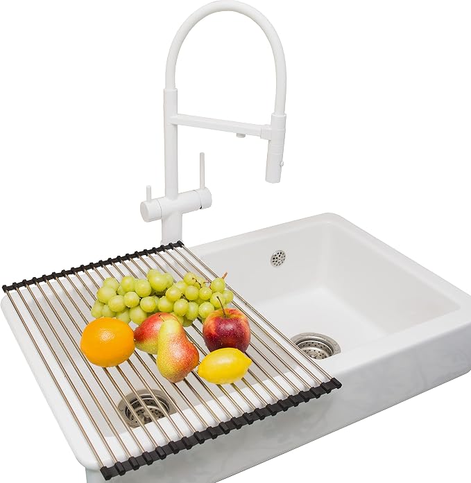 Roll-Up Dish Drying Rack 21"(L) x 16"(W) - Foldable Multipurpose Heat Resistant Large Stainless Steel Kitchen Rollup Dish Drainer Over Sink Mat - Silicone Coated Rims