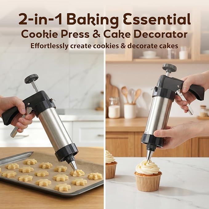 Cookie Press Gun Kit, Stainless Steel – 13 Discs + 8 Nozzles, Perfect for DIY Cookies & Decorating, Baking Gift for Women