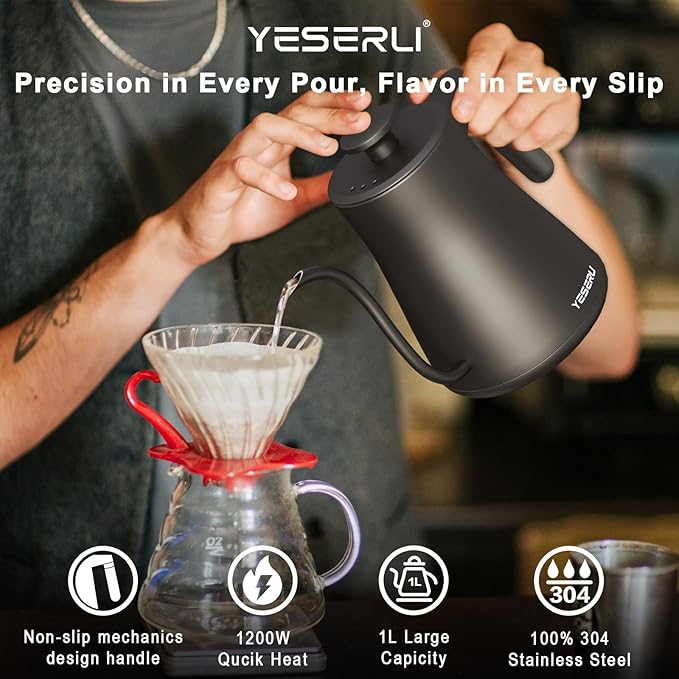 1200W Gooseneck Kettle with ±1℉ Temperature Control,Pour Over Electric Kettle for Coffee & Tea,Digital Display,4 Temp Preset,12H Keep Warm,100% Stainless Steel,Rapid Heating,1L,Matte Black