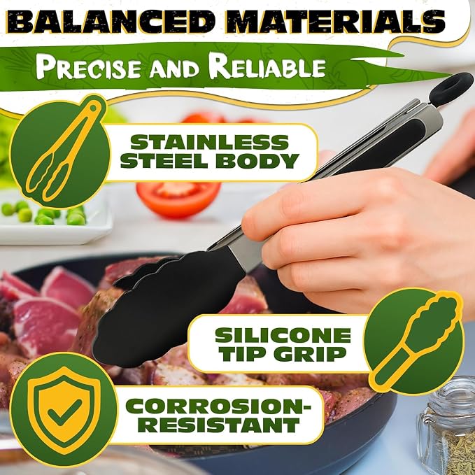 Kitchen Tongs Set of 3 — 7", 9", 12" Silicone Tongs for Cooking, Stainless Steel Build with Silicone Tips, Non-Stick Pan Safe, Easy-Lock Handle — Salad, Grilling, BBQ, Pasta, Frying, Steak, Serving