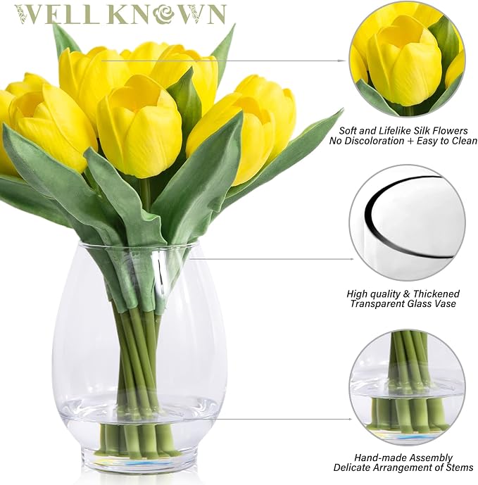 WELL KNOWN 12 Pcs Fake PU Tulips Artificial Flowers in Vase with Faux Water, Spring Summer Yellow Flower Arrangement with Glass Vase for Home Wedding Party Decor Dining Table Centerpiece & Gift