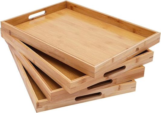 4 Pack Bamboo Tray-Serving Tray with Handles-Large Bamboo Wooden Tray, Food Trays for Home and Kitchen Serving Decorating Organizing, 18 x 13 x 1.4 in