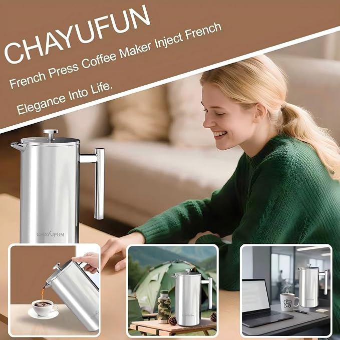 Stainless Steel French Press Coffee Maker, 34oz/1L, 5 Pack Filter | 304 Rust-Proof Metal Press, Thermal Insulated, Heat-Resistant Ergonomic Handle, BPA Free, Dishwasher Safe