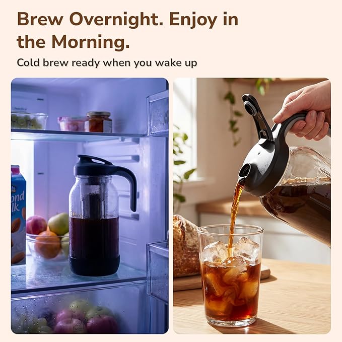 64 oz Cold Brew Coffee Maker with Stainless Steel Filter, 2 Quart Glass Mason Jar Pitcher with Pour Spout Lid, Iced Coffee Maker for Fridge, Wide Mouth, Leak-Resistant, Non-Slip Silicone Base