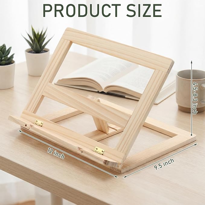 Gerrii Wooden Book Stand with Page Holder Clips Adjustable Foldable Reading Stand for Cookbooks Recipes Textbooks Bible Documents Tablet Solid Pine Wood Hands-Free Set Book Holder for Counter Desk