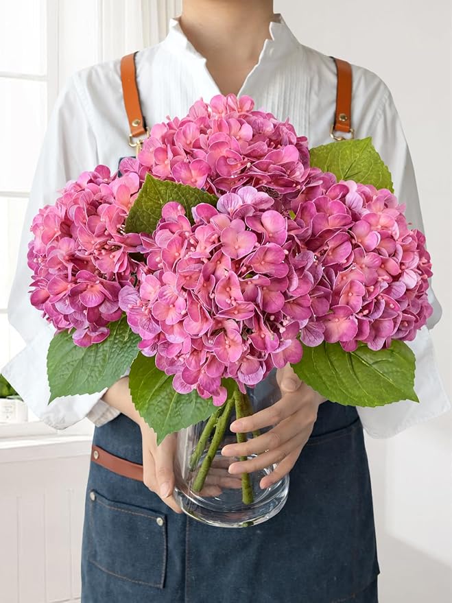 JINWOE Magenta Pink Hydrangea Artificial Flowers, 4Pcs Lifelike Latex Silk Real Touch Faux Hydrangea Flowers, Artificial Hydrangeas Bouquet for Wedding Centerpieces Tables Party Home
