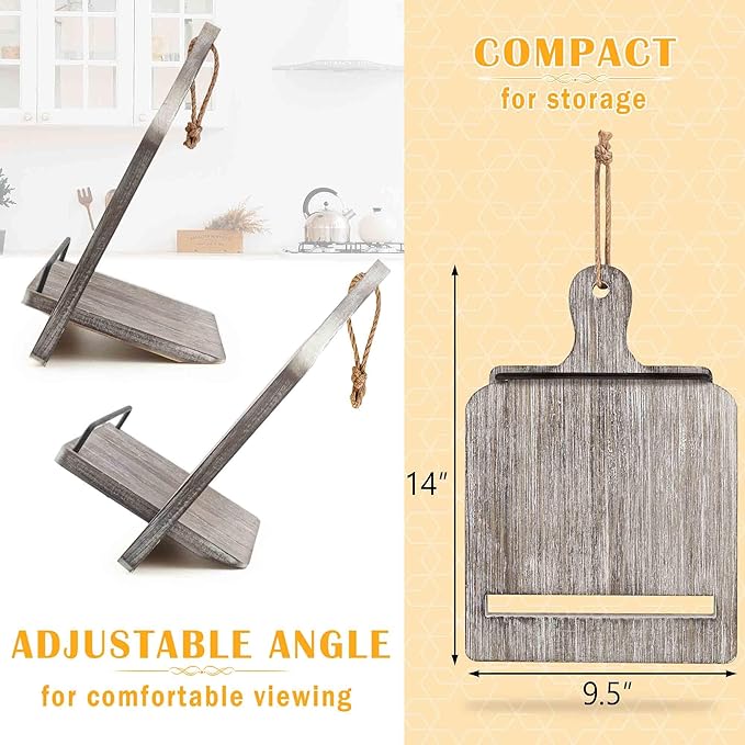 Cookbook Stand Recipe Book Holder for Kitchen Counter, Solid Wood Wooden Recipe Stand Keeps Cookbooks Open, Fits iPad & Tablet, Book Holder for Cooking, Kitchen & Dining Room