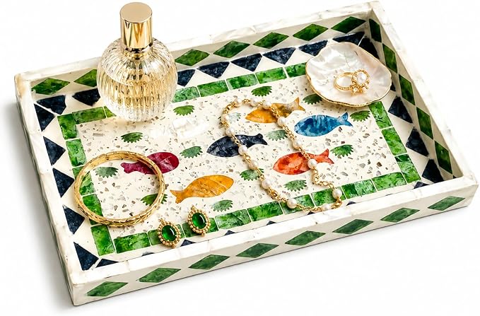 Mother of Pearl Inlay Wooden Tray – Handmade Decorative Rectangle Serving Tray for Coffee Table, Kitchen, Bathroom, Vanity or Living Room Decor,Fish 1