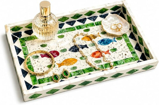 Mother of Pearl Inlay Wooden Tray – Handmade Decorative Rectangle Serving Tray for Coffee Table, Kitchen, Bathroom, Vanity or Living Room Decor,Fish 1