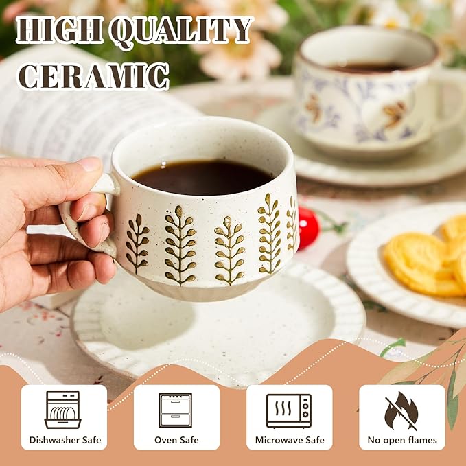 LemonRoad Vintage Tea Cup and Saucer Set, 10oz Porcelain Coffee Mugs with Saucer for Latte Mocha Cappuccino Ceramic Teacups for Housewarming Wedding Gifts Kitchen Table Decor