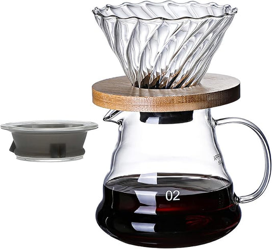 Pour Over Coffee Maker - 20 OZ /600ML Coffee Server with Glass Coffee Dripper, Stylish and Elegant 2 IN 1 Dripper Coffee Maker Kit Coffee Maker for Home or Office, 1-5 CUPS