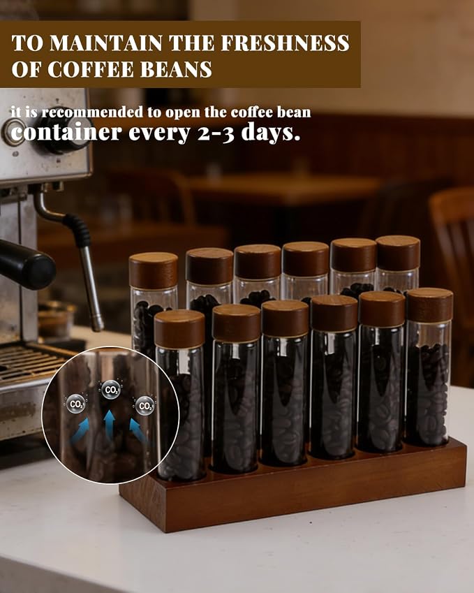 Single Dose Coffee Bean Storage Tubes, 12 Pcs Coffee Container Set 60ml &80ml Glass Small Coffee Bean Jar with Wooden Lids, Walnut Stand, Foldable Silicone Funnel & Labels