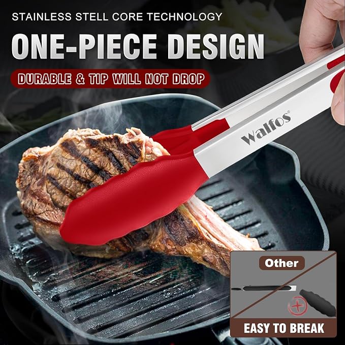 Walfos Silicone Tongs for Cooking - Heat Resistant kitchen tongs for Salad,Cooking, Grilling,Stainless Steel and BPA Free Silicone Tips set of 3 (7" 9" and 12 inch) (Pack of 2)