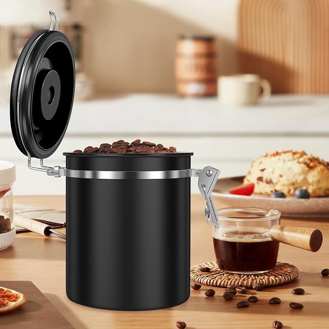 2PCS Coffee Bean Storage Container Set , 1.5L 51oz Airtight Stainless Steel Coffee Canister with Scoop & Date Tracker, Coffee Grounds Container for Coffee Bar, Tea, Sugar, for Coffee Lovers, Black