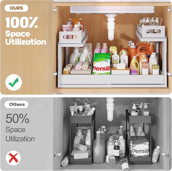 1 Pack-16"-26"W Expandable Under Sink Organizer With Upgrade Ball-Bearing Slide,2-Tier Pull Out Under Cabinet Organizer Height Adjustable,Not Suitable For Cabinets With Partitions In The Middle