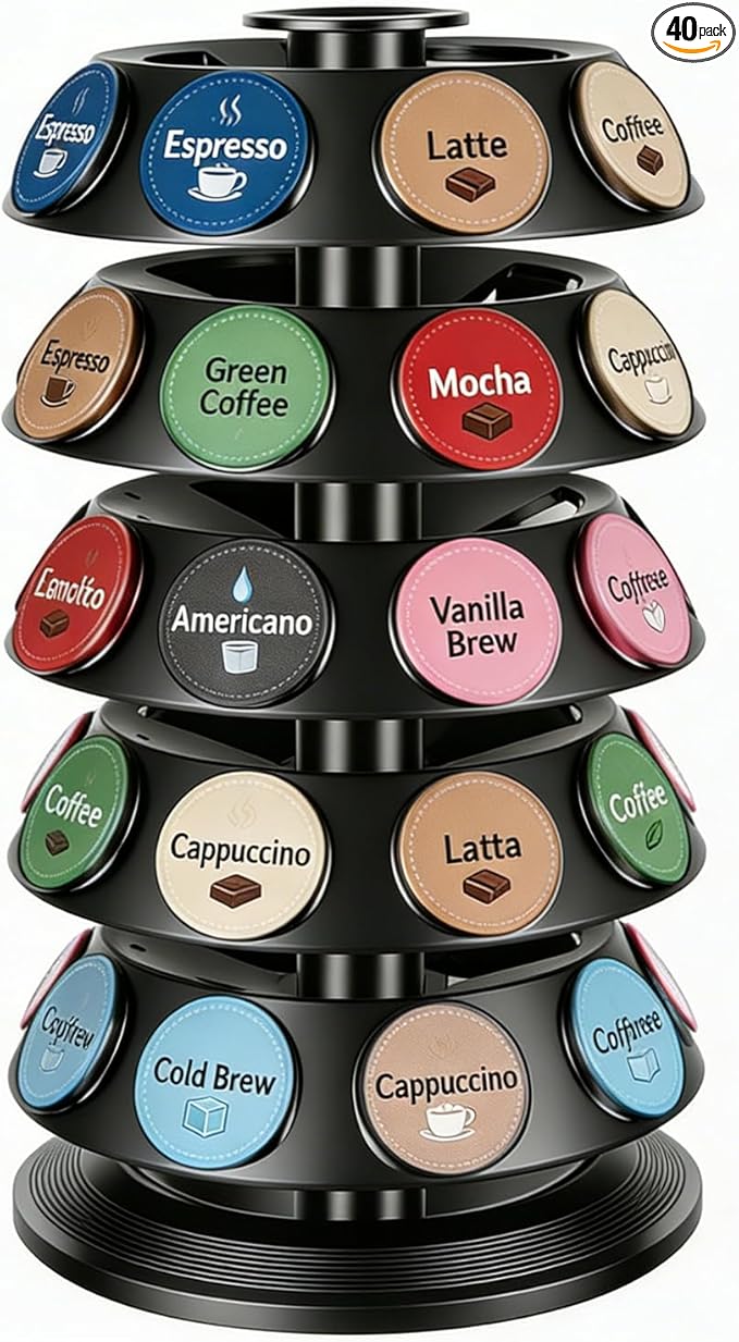K Cup Holder, Coffee Pod Capsule Carousel for Keurig, 40 Capsule Spinning Organizer with 360° Turntable, Kitchen & Office Detachable Coffee Pod Organizer for Countertop