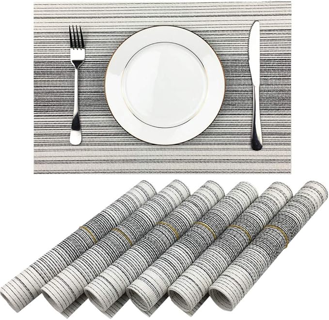 Placemat,Blending Color Durable Woven Vinyl Placemat Washable Heat-Resistant Anti-Skid Kitchen Dining Table Mats (Set of 6, Black with White)