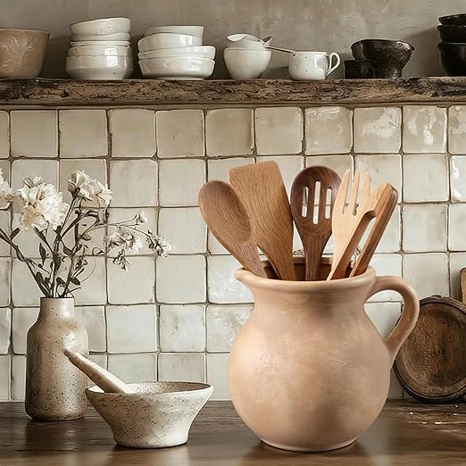 Potchen Rustic Kitchen Utensil Holder with Handle,7.48" H Ceramic Vintage Utensil Crock for Countertop, Farmhouse Kitchen Decoration Ceramic Pot for Spatulas Spoons Tongs(Classic,Antique Beige)