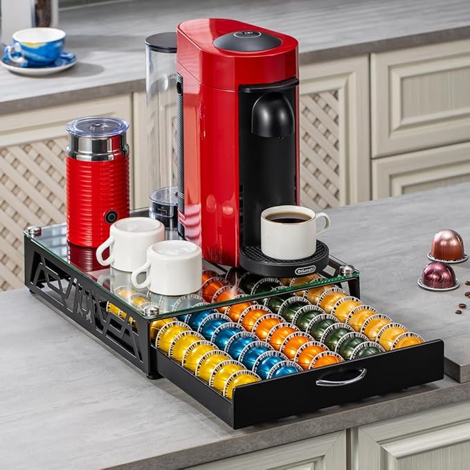 FlagShip Vertuo Pod Storage - Modern Glass Top Coffee Capsule Organizer & Space-Saving Pod Holder for Coffee Machines, Spacious 50 Vertuo Pods Capacity
