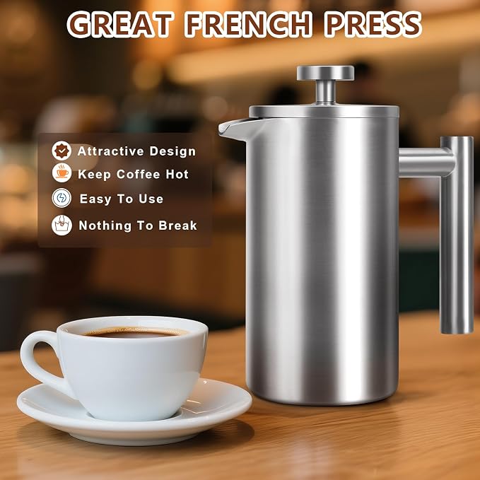 French Press 24 oz, Premium Stainless Steel French Press Coffee Maker 2 cup | Double Wall Insulated French Coffee Presses, 304 Food Grade Stainless Body, Ideal for Camping Travel Home, No Plastic