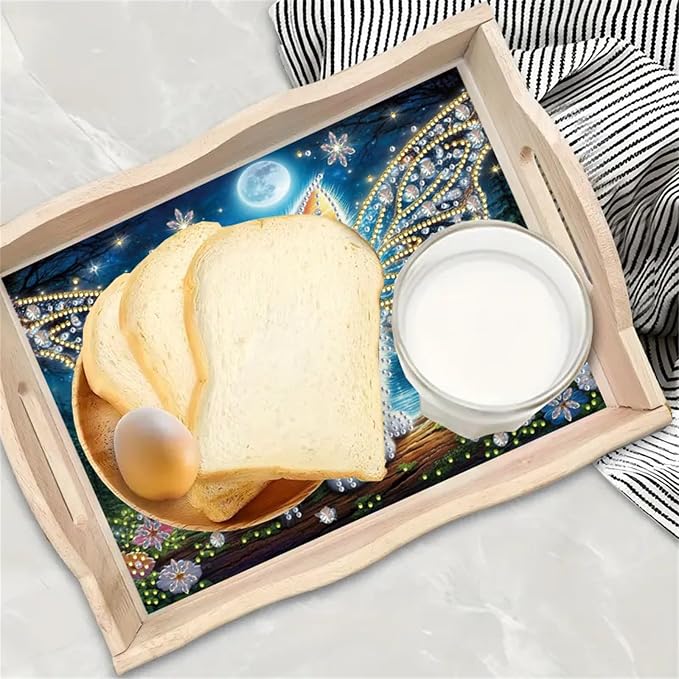 DIY Diamond Serving Tray with Handle Handmade Diamond Art Painting Wooden Rectangular Breakfast Tray for Dinner Plate Coffee Room Living Home Organizer-Cat02