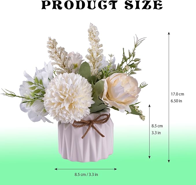 Artificial Potted Flowers White, Small Ceramic Vase Fake Flower Plants Desktop Decoration Indoor for Home and Office, Faux Flowers Hydrangea Decora for Table,Bookshelf,Bedroom,Living Room.(White)