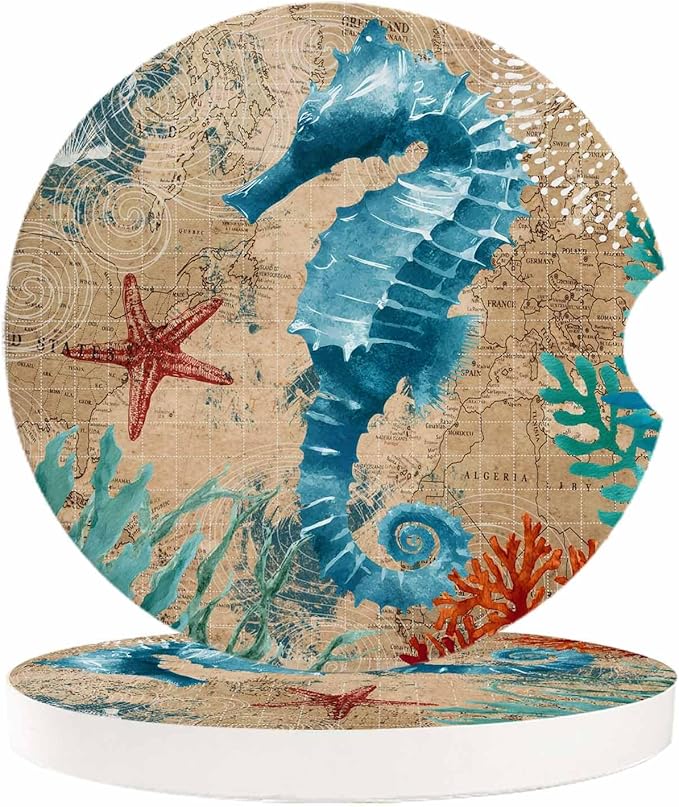 Small Car Coasters for Cup Holders 2.65" Absorbent 6 Pack Car Coaster Ceramic Stone for Drinks Absorb Water Drops Nautical Theme Sea Life Seahorse Starfish and Seaweed