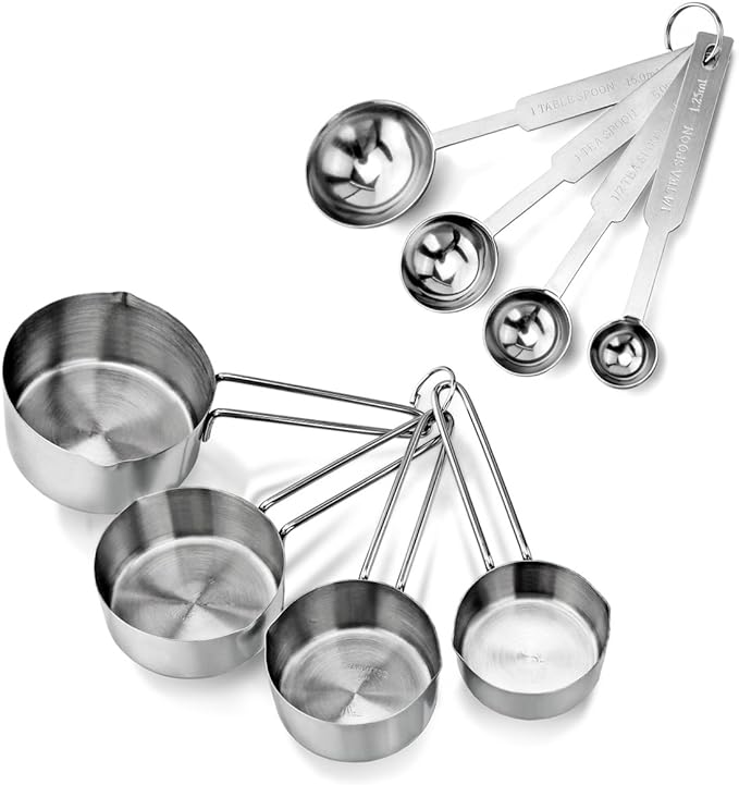 New Star Foodservice 42917 Stainless Steel Measuring Cups and Spoons Set, 8-Piece Metal Measuring Set for Baking, Cooking, Dry and Liquid Ingredients, Restaurant Grade, Silver