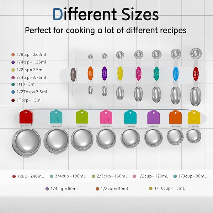 Magnetic Measuring Cups and Spoons Set, 7 Nesting Stainless Steel Measuring Cup Set with Easy to Read Markings, 7 Magnetic Measuring Spoons & 1 Leveler for Measuring Dry or Liquid Ingredients