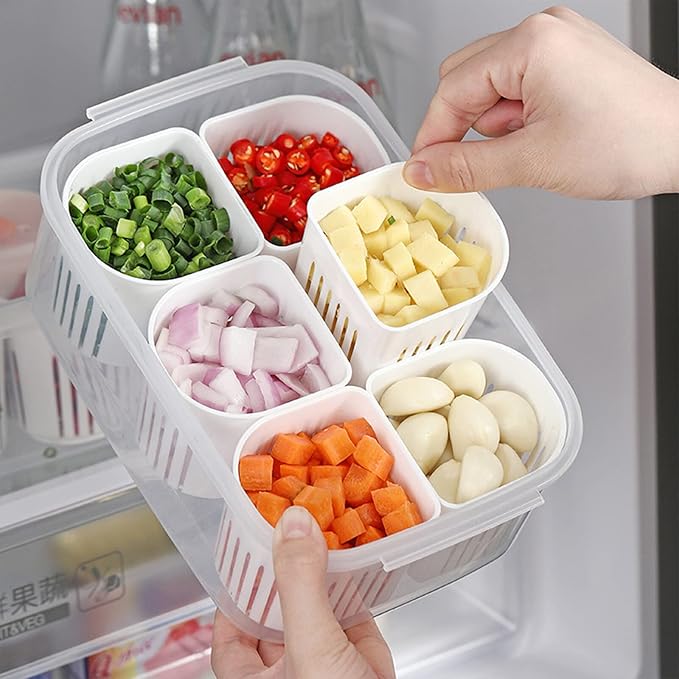 2Pcs Reusable Veggie Tray & 6-Compartment Dividers Snack Box with Lid Fridge Organizer Divided Food Storage Condiment Server for Meal Prep & Fridge Storage