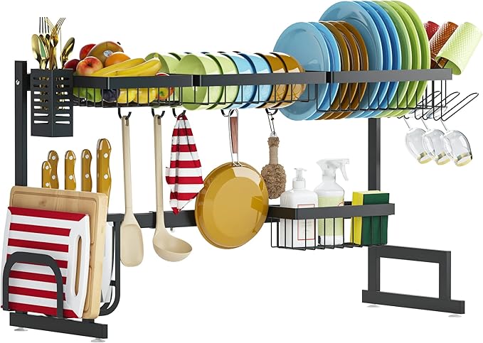 PUSDON Over the Sink Dish Drying Rack, 2 Tier Adjustable Large Capacity Stainless Steel Dish Rack for Kitchen Counter, Heavy Duty Space Saver Organizer with Utensil Holder, Black