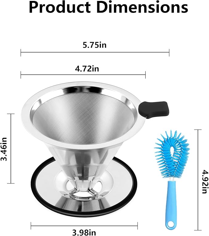 Stainless Steel Pour Over Coffee Dripper, Reusable Coffee Filter with 800 Mesh Double Micro-Mesh Strainer, Paperless Coffee Maker with Heat-Resistant Silicone Handle & Base for 1-2 Cup, Home Camping