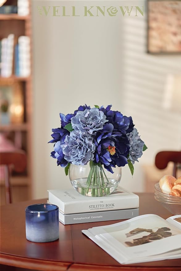 WELL KNOWN Artificial Blue Peonies Flowers in Vase with Faux Water, Silk Fake Flower Arrangements for Spring Home Dining Coffee Table Decor Wedding Party Centerpieces & Mom's Birthday Gift